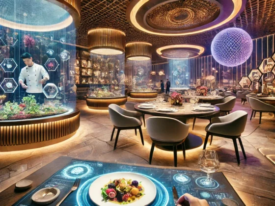DALL·E 2025-02-26 20.10.58 - A futuristic fine dining restaurant in India with a luxurious ambiance. The scene features a high-tech yet elegant interior with mood lighting, hologr | Beyond The Punchlines