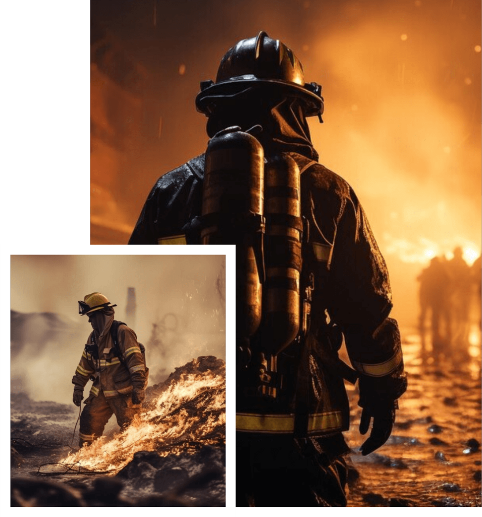Collage of a firefighter in full turnout gear and breathing apparatus standing amid intense flames; an inset image shows another firefighter battling a smoky blaze.