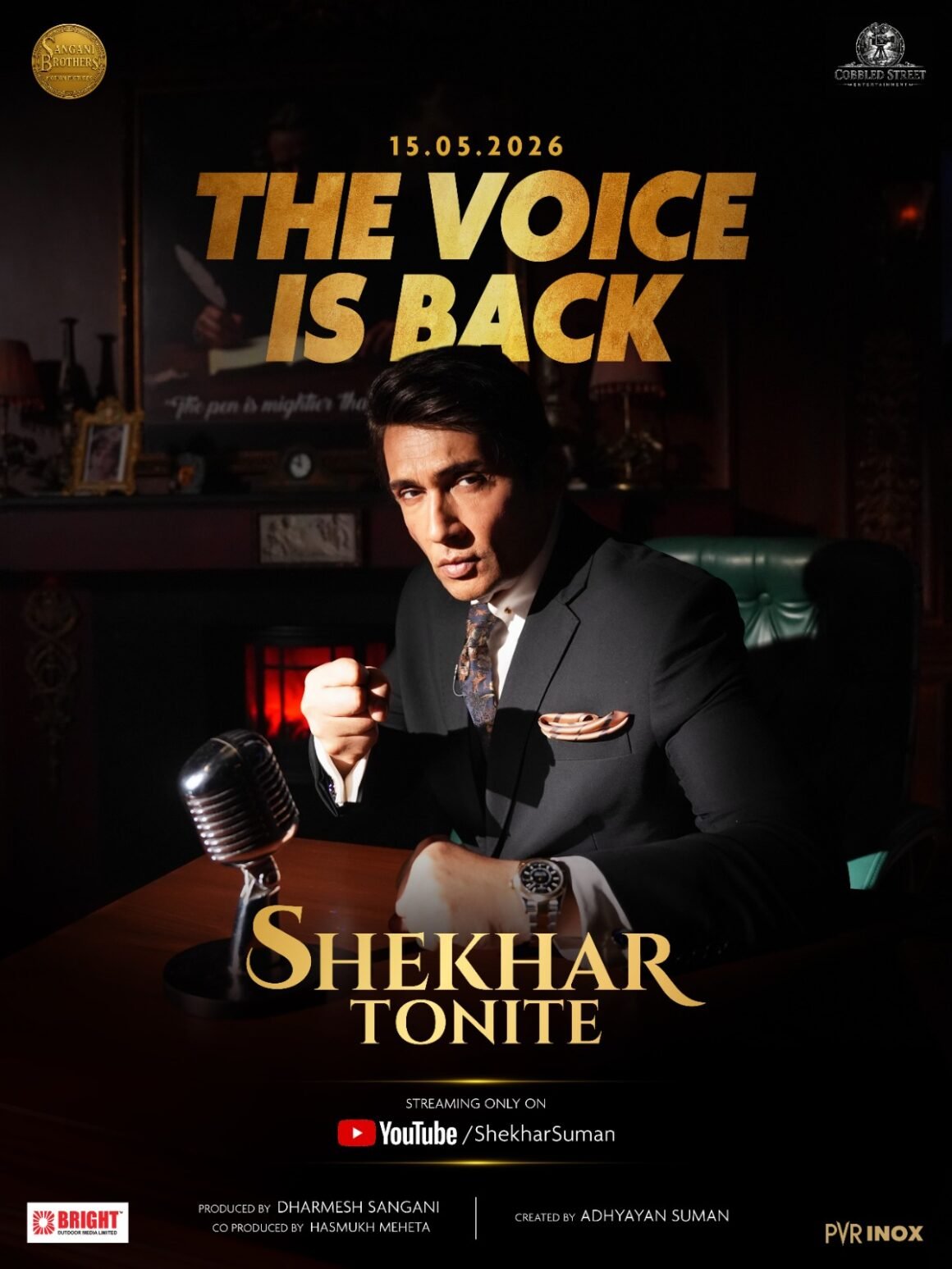 Promotional poster showing a man in a suit at a vintage microphone, with bold gold text 'THE VOICE IS BACK' behind him.